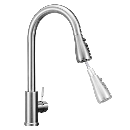 Robinet Cuisine avec Extractible Buse Rallonge 60cm, Douchette Evier Cuisine de Rotatif à 360°, Robinetterie 304 Acier Inoxydable Brossé, 3 Modes de Réglage du Débit D'eau Eau Chaude et Froide Réglabl