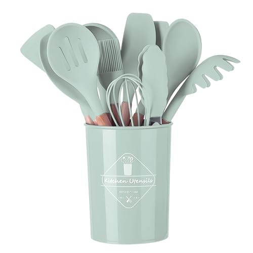 Set di utensili cucina, 12 pezzi, utensili da cucina con manico in silicone e legno, sani, antiaderenti, lavabili in lavastoviglie, design resistente al calore - immagine 3