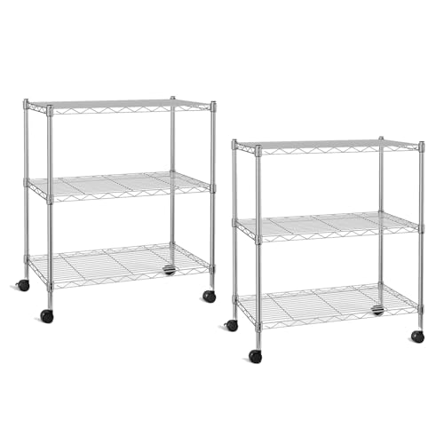 Image of Simple Deluxe 3-Tier Heavy Duty Storage Shelves 750Lb Capacity, 24.02 inch D x 13.78 inch W x 29.92 inch H Adjustable Shelving Unit with Wheels, Chrome, 2 Pack