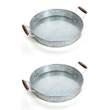 Hosley 2-Pack 16 Inch Diameter Galvanized Tray with Wooden Handles, Handle to Handle 19.69 Inch - Great Gift for Wedding Party, Serving Ware, House Warming, Home Office, Spa, Aromatherapy