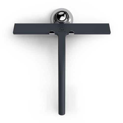 GÜTEWERK Duschabzieher Set mit Halter - schwarz 23 cm breit - ohne Bohren Silikon Abzieher Dusche Badezimmer Fenster Fensterabzieher Edelstahl Kern Scheibenabzieher mit Saugnapf Halterung Badabzieher