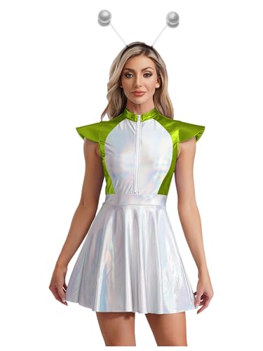 Agoky Disfraz De Alienígena Con Diadema Para Mujer Vestido Metálico Sin Mangas Vestido De Extranjero Traje Para Fiesta Temática Clubwear Verde plata 4XL