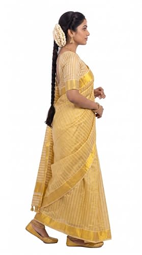 Image of Kerala Traditional Tissue Saree for Women with Running Blouse | South Indian Ethnic Saree for Weddings Onam Vishu Temple Wear & Festivals