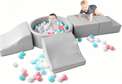 Image of Hoohtoot Foam Climbing Blocks for Toddler: with 4-Piece PU Leather Climbing Toys and a Ball Pit - Foam Ball Pit for Toddlers - Climbing Toys Indoor for Kids Crawling