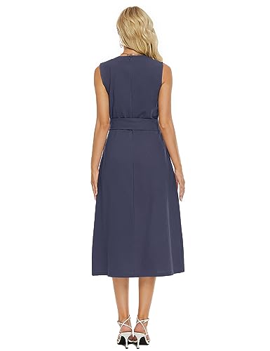 Image of Ladyful Women's Sleeveless Cotton Linen Midi Dress V Neck A Line Tank Dress