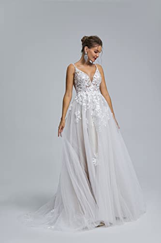Image of Spaghetti Chiffon Beach Wedding Dress V Neck A line Bridal Gowns Lace Plus Size Wedding Dress