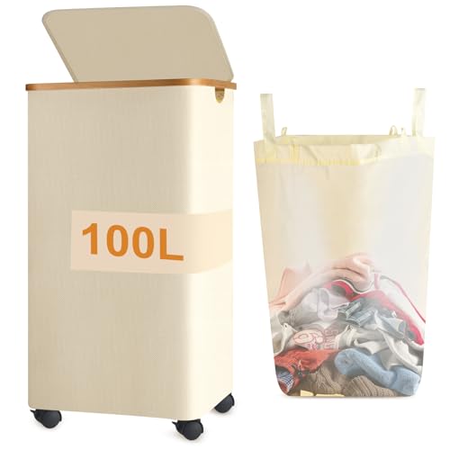 Laundry Basket on Wheels, 100L Extra Large Washing Baskets for Laundry with Removable and Washable Inner Bag, Collapsible Laundry Bins with Lid for Drity Clothes Toys Towels (Beige)