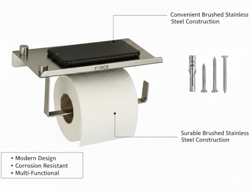 Image of Force Toilet Paper Roll Holder with Built-in Mobile Stand Shelf - Premium Stainless Steel Wall-Mounted Bathroom Tissue Holder | Rust-Resistant, Space-Saving, Modern Design