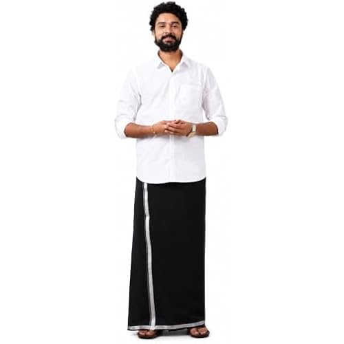 Men's Fancy Border Colored Cotton Dhoti | Traditional South Indian Veshti | Soft Cotton Blend Mundu with Contrast Border | Festival, Wedding, Temple & Ethnic Wear | Black