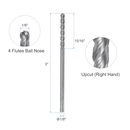 Image of uxcell Ball Nose End Mill CNC Router Bit, 1 /16 inch Radius 1 /8 inch Shank Solid Carbide Uncoated Upcut Spiral 4 Flutes Cutter Milling Tool, 1 /8 inch Dia 3 inch Total Length