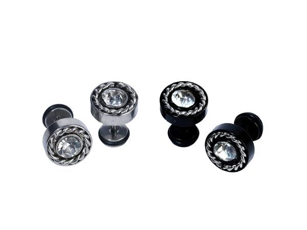 Boys Stud Earrings with Crystal Center, Black and Silver Finish, Set of 2 pairs-image-23