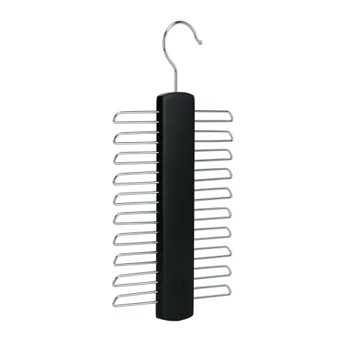Tie Hanger Wooden Hangers Wardrobe Tie Organiser - Stylish Hanging Storage Rack With 20 Chrome Bars With Swivel Hook for Tie Belt Scarf Beech Wood Tie Rack Hanger (Black)