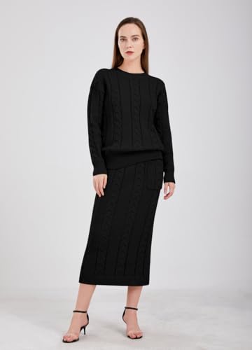 Image of chouyatou Women Winter Casual Chunky Cable Knit Long Pencil Skirt 2 Piece Outfit Oversized Pullover Sweater Sets
