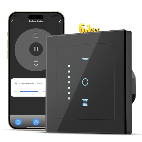 SMARTERCURRY WLAN Rollladenschalter [6.1Gen], Smart LED Jalousien Schalter mit Timer, Kindersicherung, Rollladensteuerung kompatibel mit Echo Alexa/Google, 80x80mm, 1 Stück | Schwarz