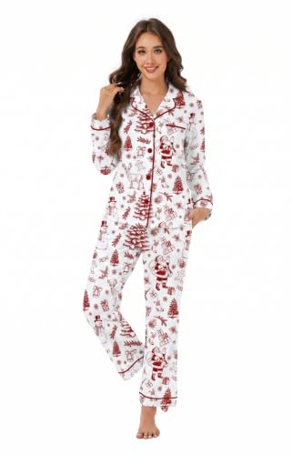 Image of LUBOT Christmas Pajamas for Women 100% Cotton Pajama 2 Piece PJ Set Soft Long Sleeve Button Xmas Print Loungewear XS-XXL