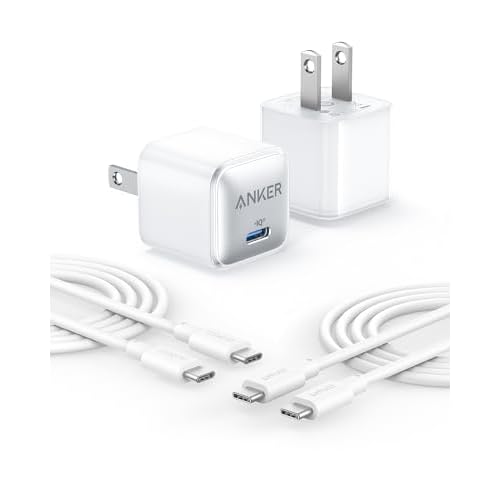 Anker USB C Charger Block, 20W PIQ 3.0 Compact Fast Charging for iPhone 17/16/15 and More Series, Galaxy, Pixel 4/3, iPad (2 Pack & 2 Cable) Arctic White