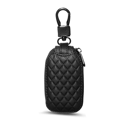 BELOMI Car Key Case, Genuine Leather Remote Key Fob Cover, Keychain Holder with Metal Hook, Universal Vehicle Keyring Zipper Bag (Black) Cover