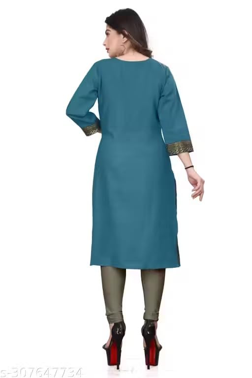 Image of Women Straight Woven Design Cotton Blend Round Neck 3 /4 Sleeve Kurti Only