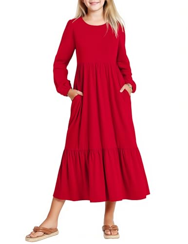 Image of Arshiner Girls Maxi Dresses Lantern Long Sleeve Casual Holiday Dress with Pockets for 5-14 Y
