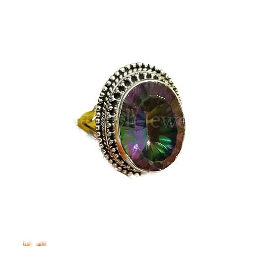 Genuine Rainbow Fire Mystic Topaz Ring Solid 925 Sterling Silver, Engagement Ring, Vintage Jewelry Handmade Ring, Best Gift For Women, Fine Jewelry, Bridesmaid Gift Artisan Design Ring Boho Large Ring