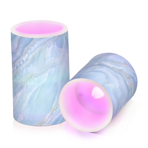 Image of Eionryn Aqua Marble Texture Flameless Candles Nature Stone Blue Veins Battery Operated LED Candles with Remote Timer Electric Candles for Home Party Decor 2pcs