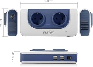 BESTEK Transformateur Convertisseur de Voyage 200W Adaptateur de Voyage Version Améliorée AC 100V-120V à AC 230V 10V avec 2 Prises EU et 4 Ports USB 3 Adaptateurs Prises (USA,UK,EU,AUS...) -Bleu