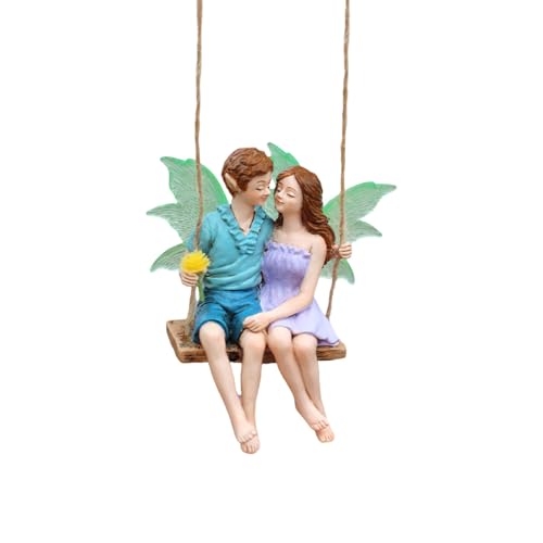VIVIANYO HD Swing Fairy Couple Statues Resin Miniature Angel Figurines Fairy Girl and Boy Sitting on Swing Sculpture with Luminous Wings for Patio Yard Lawn Tree Hanging Decorations (A)