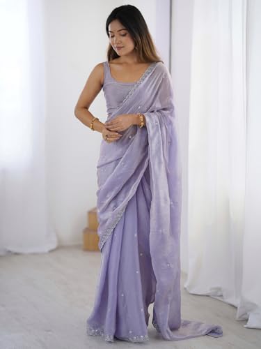 Image of AKHILAM Women's Shimmer Tissue Embroidered Saree With Unstitched Blouse Piece