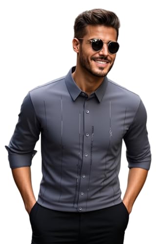 Image of IndoPrimo Men's Regular Fit Satin Designer Shirt with Stylish Vertical Line Sequence | Long Sleeve Formal & Casual Button Down Shirt for Office, Party & Business