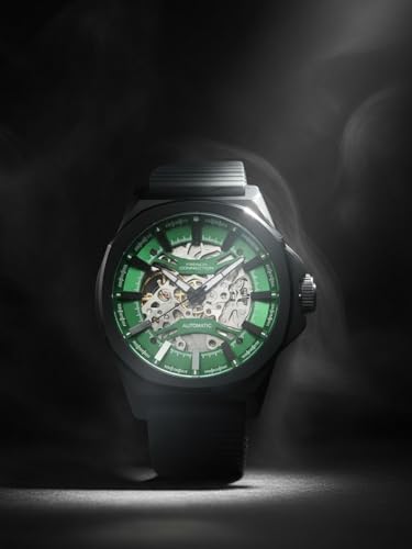 Image of French Connection Mechalume Men's Automatic Watch See-Through Green Round Dial Silicone Strap Model - FCA23NBL