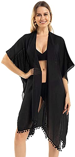 Women's Stylish Kimono Cardigan with Pom-pom, Loose Sleeveless Beach Cover Up, Fashion Swimwear Cover for 2021 Spring Summer.