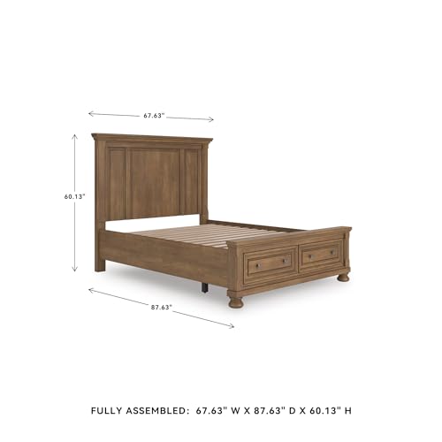 Image of Signature Design by Ashley Queen Panel Storage Bed Frame, Chestnut Brown | Poplar solids pine veneer and MDF substrate, 2 footboard drawers for space-saving storage, Glarrison Series