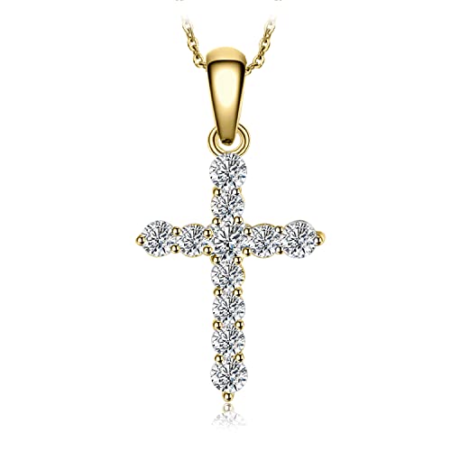 JewelryPalace 0.7ct Zircone Cubique Croix Collier Pendentif Plaque Or Jaune Femme en Argent Sterling 925 Chaîne 45CM