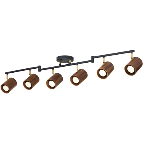 Modern 6-Light Track Lighting, 47 inch, Real Wood Adjustable Light Heads, Brass Accent, Matte Black Ceiling Track Lights for Dining Room, Living Room, Kitchen