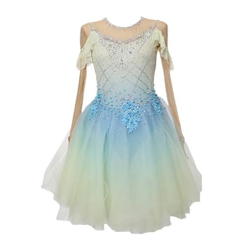 Girl's Competition Figure Skating Dress with Diamonds, Women's High Elasticity Shiny Ice Skating Dress(XXXS) Blue