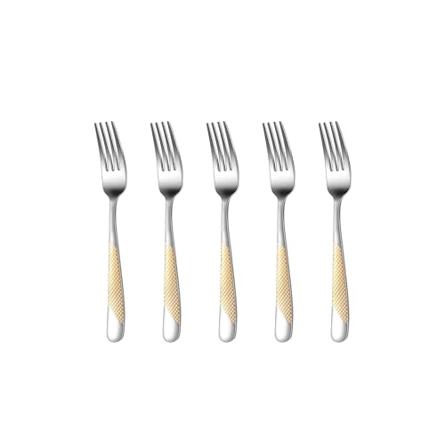 Image of Sterling Silver with Golden Handle French Style Silverware | 5-Piece Hammered Fruit Fork Set | 18 /10 Stainless Steel Flatware | Elegant & Durable Cutlery for Home, Restaurants & Gifting