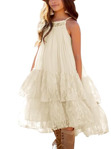 Batermoon Girls Lace Backless Tulle Dress Halter Neck Boho Flower Girl Sleeveless Ruffle Swing Party Dress