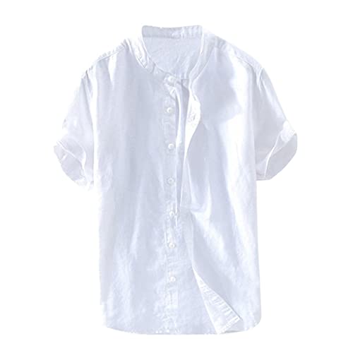 Zhiyao Camisa de lino para hombre, de verano, de manga larga/corta, de Henley, para el tiempo libre, ajustada, informal, ligera, para ocio, negocios, bodas, Blanco, XXXXL
