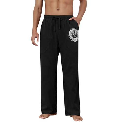 Image of Puimentiua Cotton Linen Pants Men, Summer Beach Pants Loose Fit with Elastic Waist Drawstring