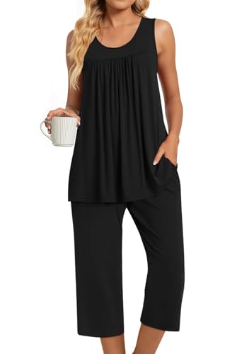 Image of TAOHUADAO Womens Summer 2 Piece Pajama Sets, Sleeveless Tops with Capri Pants, Lounge Ladies Pjs Sets with Pockets