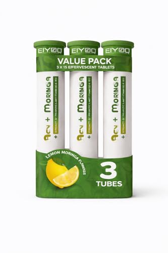 Image of ACV + Moringa Effervescent Tablets With Probiotics, Vitamin B6 & B12 Lemon Masala Flavor Digestion, Detox & Energy Support 15 Tablets Tube (Pack of-3)
