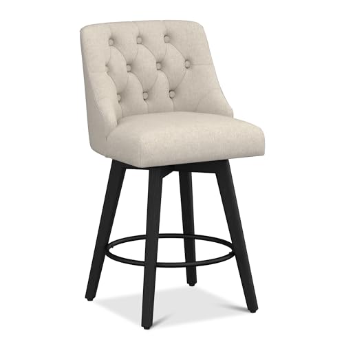 Image of Swivel Counter Height Bar Stool with Back, 26 inch H Seat Height Upholstered Fabric Counter Stool for Kitchen Island, Fabric in Flax Beige