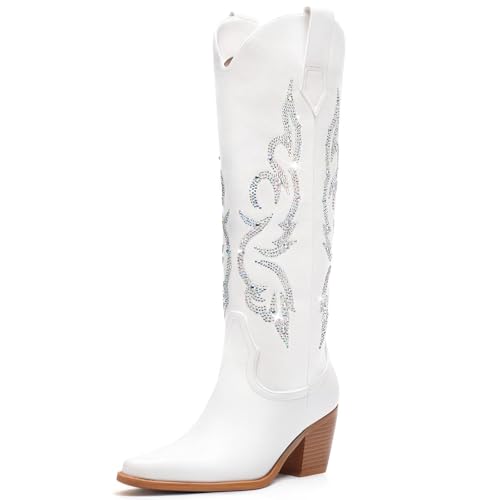 Platikly White Cowboy Boots for Women - Rhinestone Wide Calf Cowgirl Boots Knee High Western Footwear Glitter Sparkly Tall Design with Embroidery Classic Country Style Pull On Zipper US 8