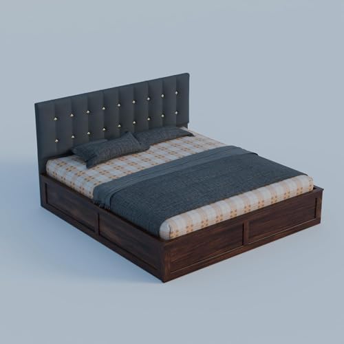 Image of Sheesham Wood King Size Bed with Storage Box | Double Bed for Home | Platform Cot with Cushioned Headboard | Upholstered Beds | Recommended Mattress 78x72 Inch | Dark Grey & Walnut Finish