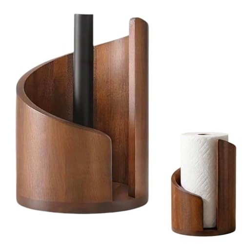 Mountain Paper Towel Holder Round Wooden Base & Iron Holder Countertop Roll Paper Holder Effortless One-Hand Tearing Paper Roll Holder for Kitchen Bathroom Livingroom Home Decor