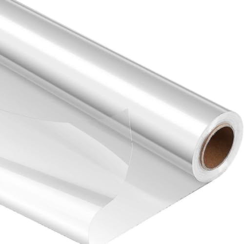 Rollo grande de celofán transparente de 40 m x 50 cm y lazo rosa cortado para cestas.