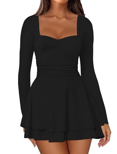 IWD Women's Square Neck Long Sleeve Mini Dress Ruched Corset Waist Tiered Ruffle Hem A Line Short Party Dresses