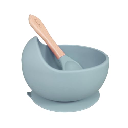 Image of Baby Bliss - Baby Bowls with Suction and Spoon Set, 100% Food-Grade Silicone & Bamboo, BPA-Free Baby Food Bowls and Baby Feeding Spoon, Suction Bowls for Baby and Toddler Bowl (Dusty Teal)