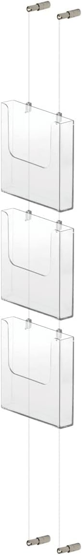 picturehangingdirect.co.uk A5 Portrait Display Brochure Holder Leaflet literature Acrylic display Hanging Wall to Wall Rope clear cable cord adjustable system (3 Brochures Holder KIT)