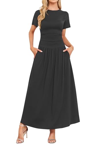 AUSELILY Women's Maxi Dress 2025 Summer Short Sleeve Crewneck Ruffled Flowy Swing Long Dresses,Casual Party or Evening Wear